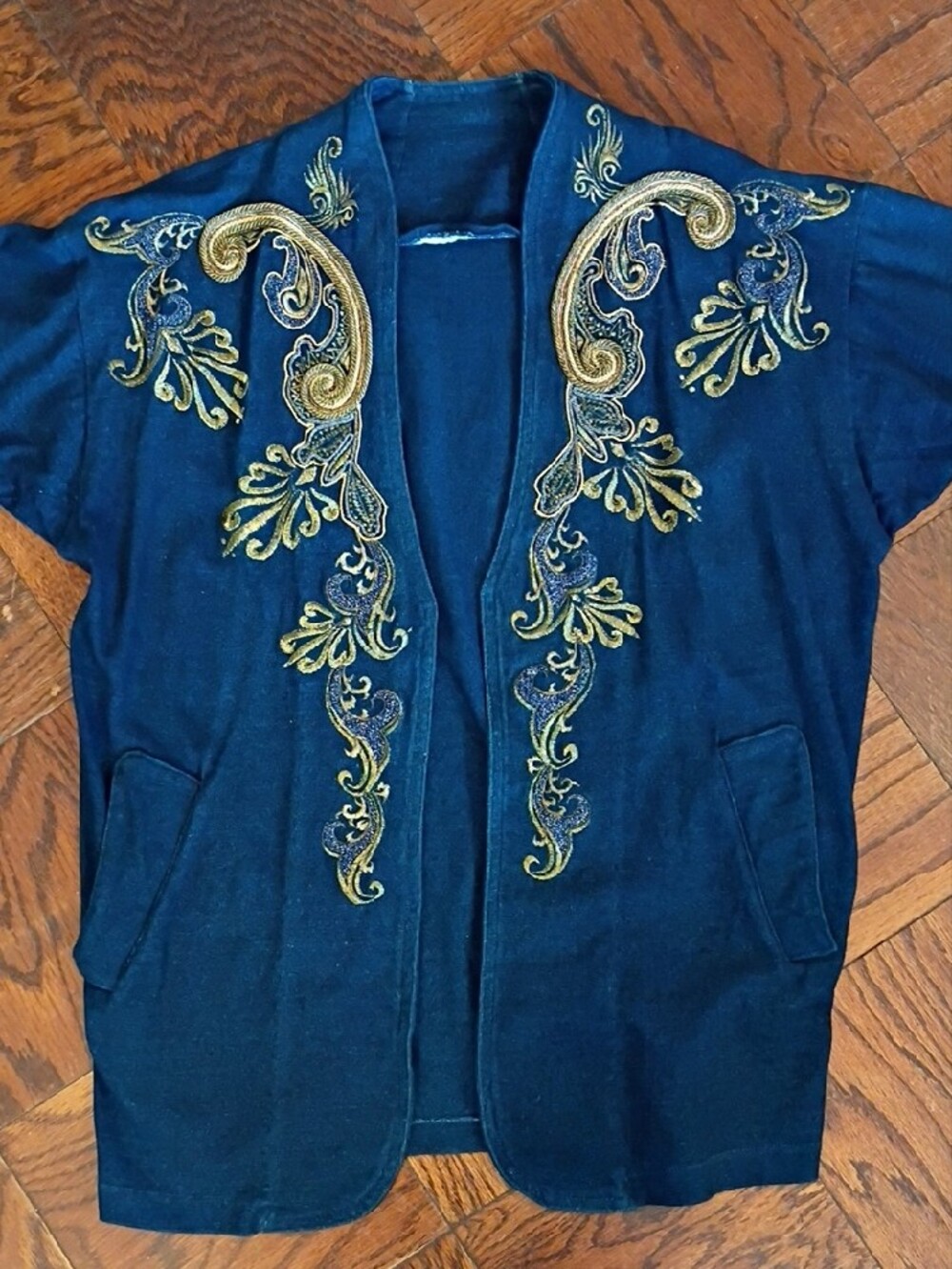 VTG Baroque Embroidered Open Front Kimono Mandarin Collar Evening Jacket Size L